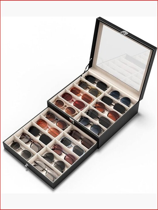 20 Slots Sunglass Organizer - PU Leather, Velvet Interior, UV-Blocking Lid main image 4